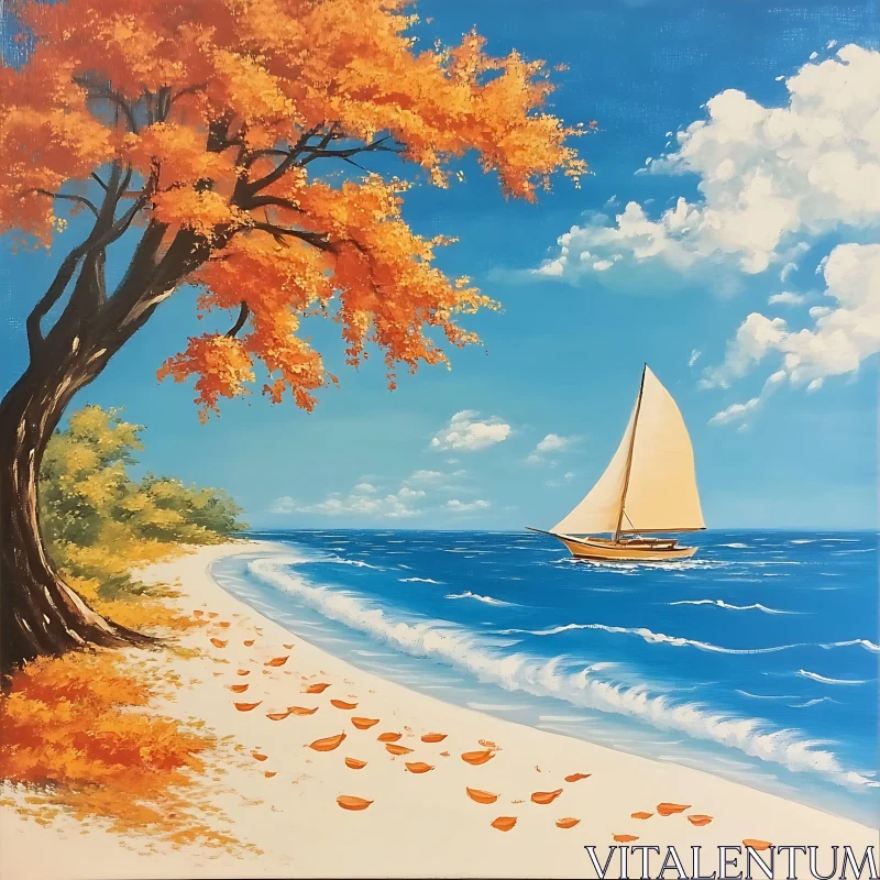 Sailboat and Autumn Tree on the Beach