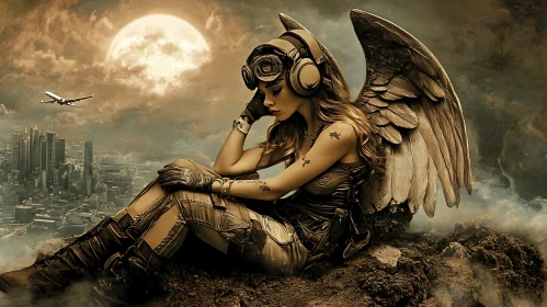 Pensive Angel Overlooking Steampunk City