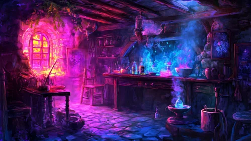 Mystical Alchemist's Lab with Glowing Potions