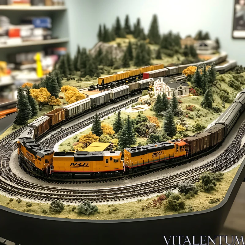 Miniature Railroad Scene with Yellow Train