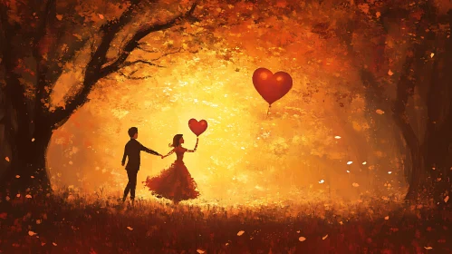 Autumn Romance: Couple with Heart Balloons