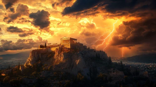 Hilltop Temple in Greece During Storm