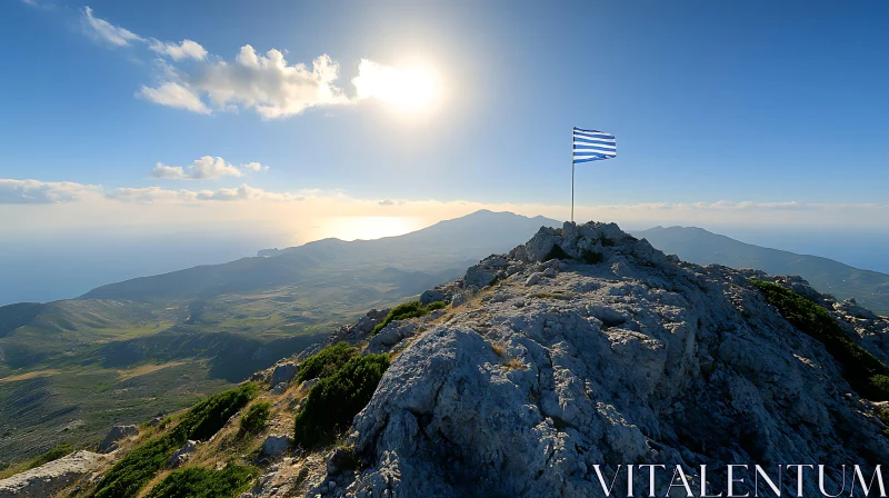 Mountain Top View with Greek Flag