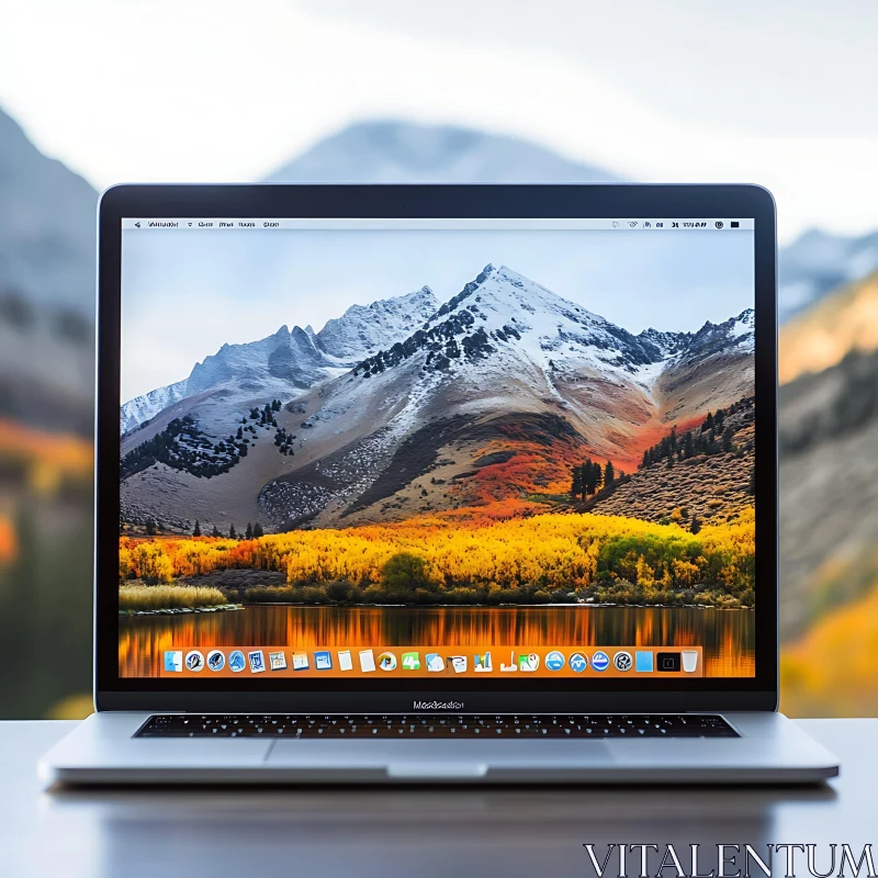Laptop Displaying Mountain Scenic Wallpaper