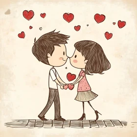 Cartoon Couple Surrounded by Hearts