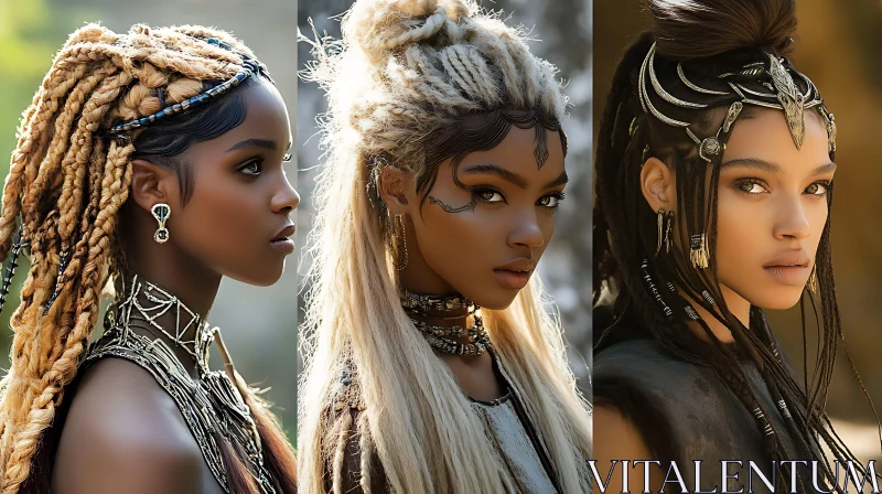 Triptych of Regal Women with Intricate Adornments