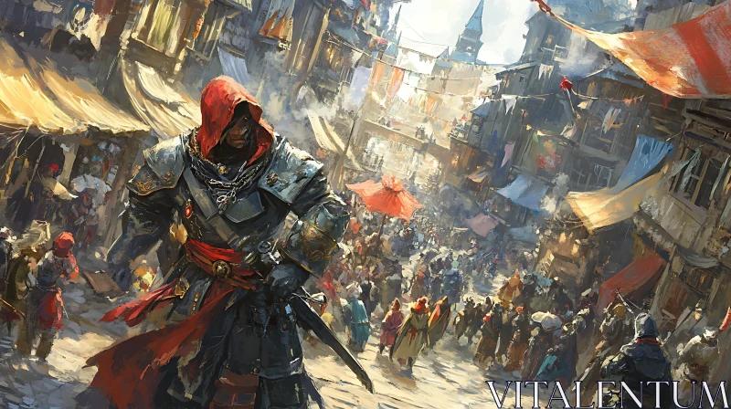 Armored Warrior Amidst Market Crowd