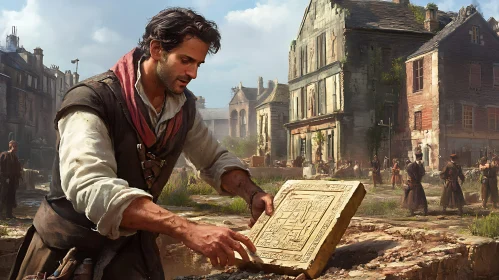 Man Examining Hieroglyphs on Stone Tablet