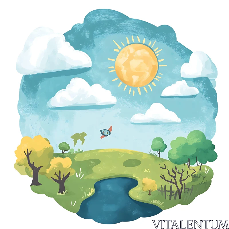 Serene Meadow with Sun and Bird
