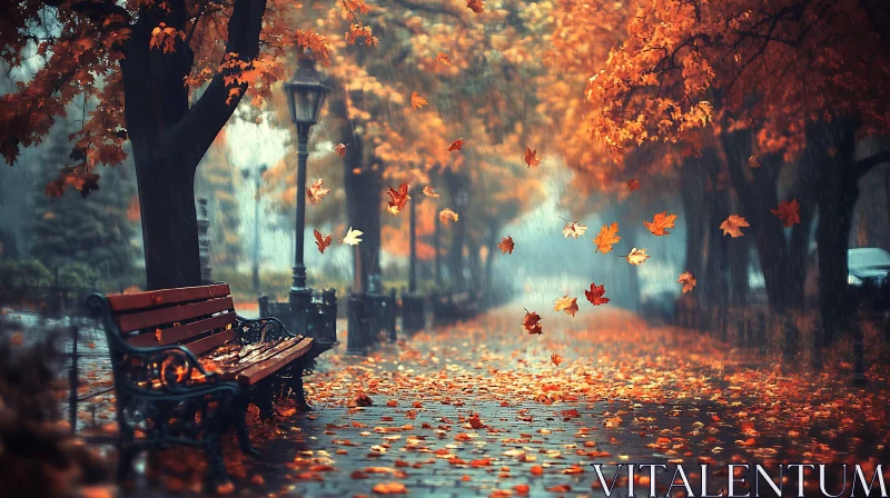 Park bench in falling leaves