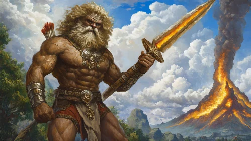 Warrior with Spear Before Volcano