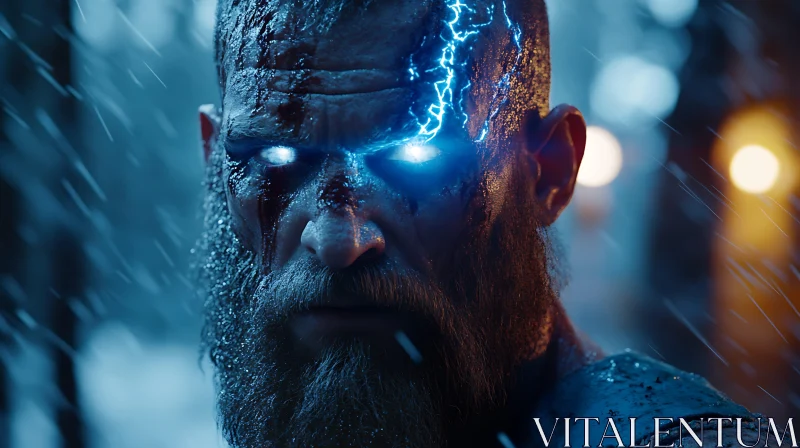 Bearded Man with Electric Eyes in Rain