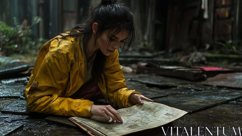 Focused Woman with Map in Yellow Coat AI Image