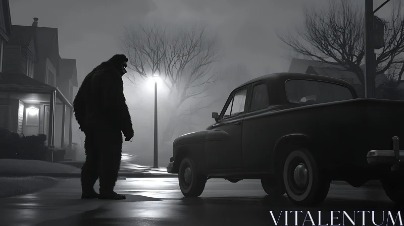 Monochrome Mystery: Sasquatch and Vintage Car