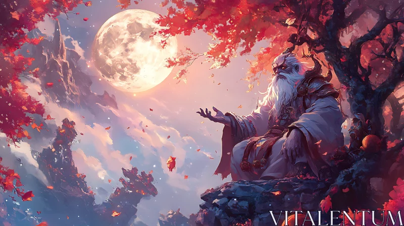 Magical Wizard Contemplates Under Moonlight