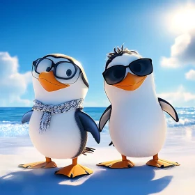 Cartoon Penguins on Sunny Beach