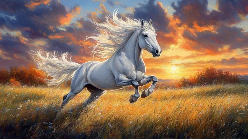 White Horse in a Golden Field at Dusk