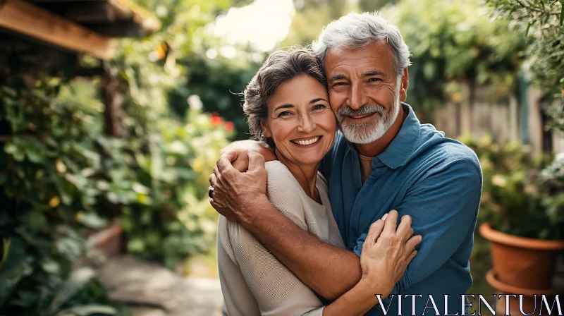 Elderly Couple Embracing in Garden