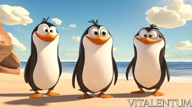 Cartoon Penguins Enjoying Sunny Day