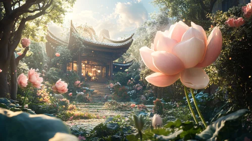 Pink Lotus and Temple View