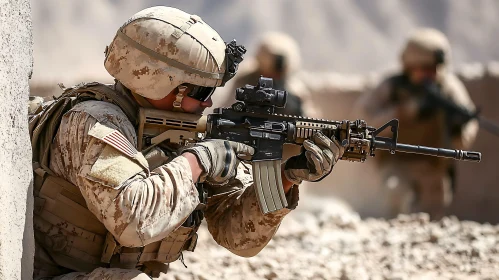 Soldier Aiming Rifle in Desert