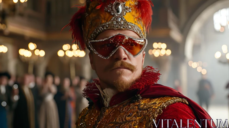 Enigmatic Man in Red and Gold Costume | Captivating Venetian Mask