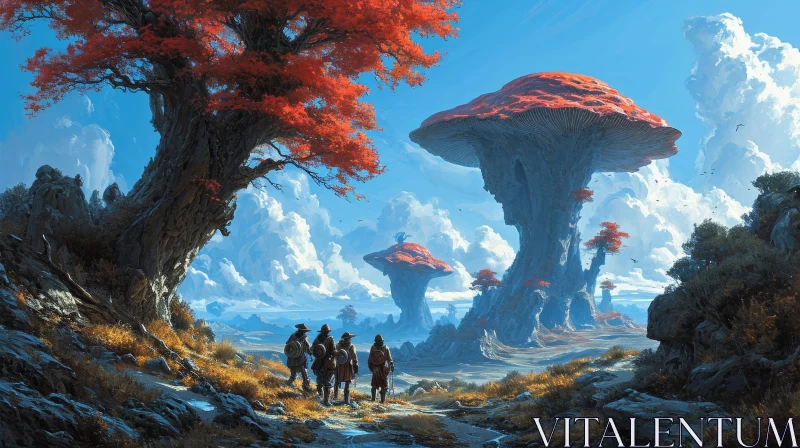 Exploring a Mysterious Landscape of Giant Mushrooms AI Image