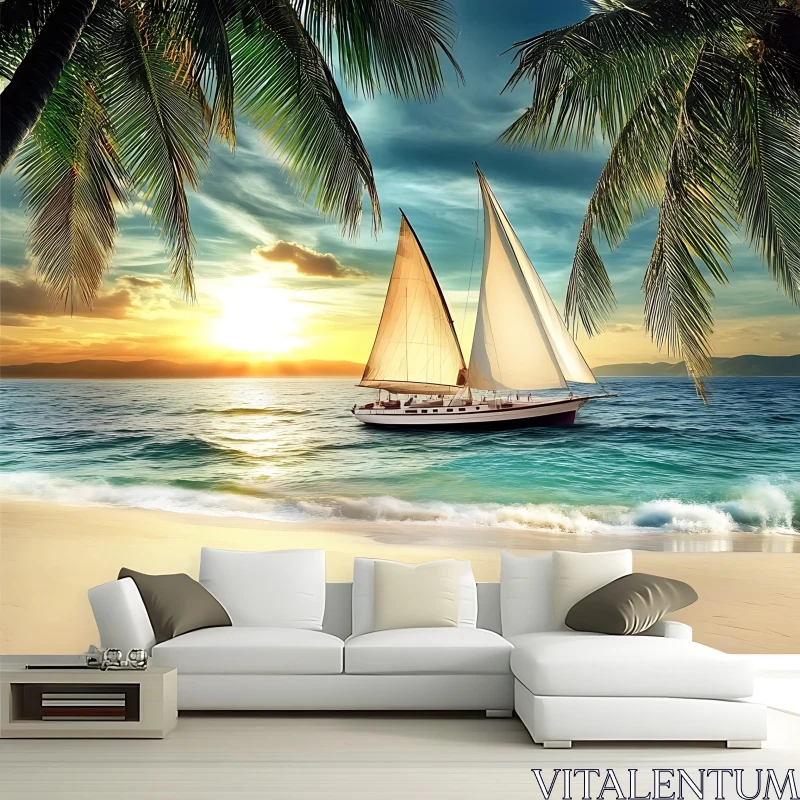 Tropical Seascape with Sailboat
