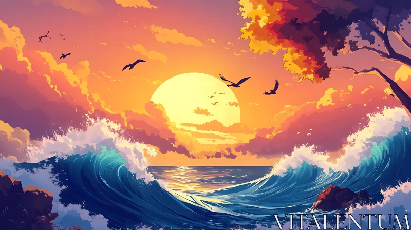 Coastal Sunset Scene with Ocean Waves