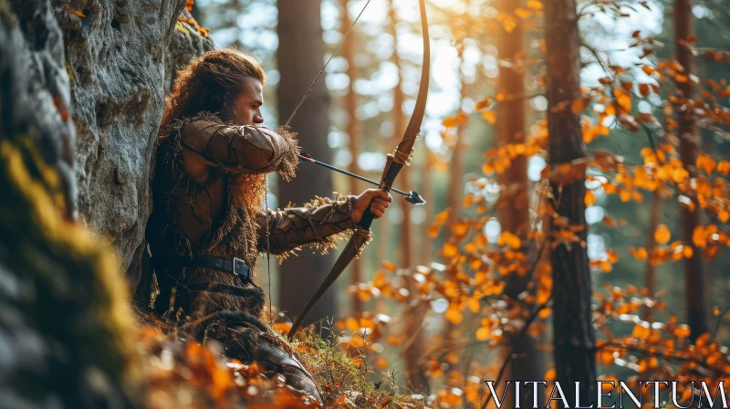 Forest Archer: A Captivating Image of a Man Shooting a Bow in the Fall Season AI Image