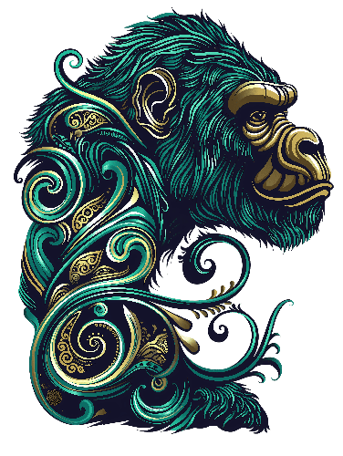 Gorilla Head Art with Gold & Teal Swirls for Merchandise