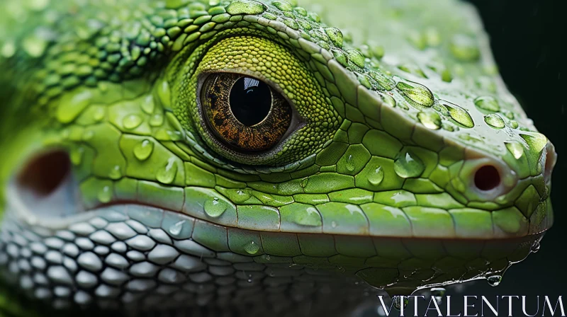 Green Lizard with Raindrops - Environmental Portraits in Precisionist Style AI Image