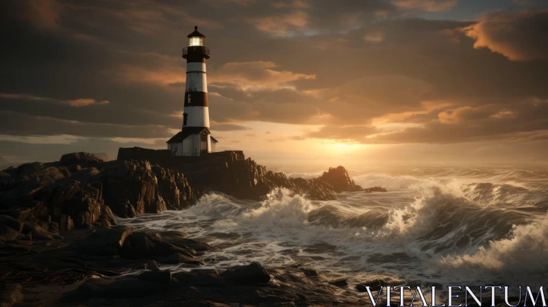 Lighthouse Amidst Crashing Waves Under Night Sky AI Image