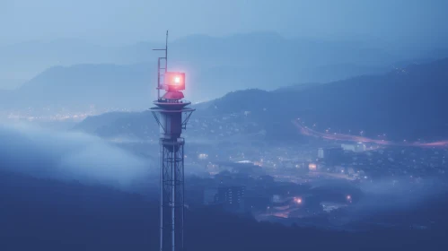 Mysterious Red Tower in the Fog Overlooking the Mountains