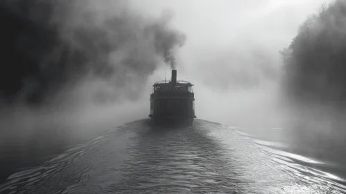 Mysterious Steamboat Gliding Through Mist-Covered Waters