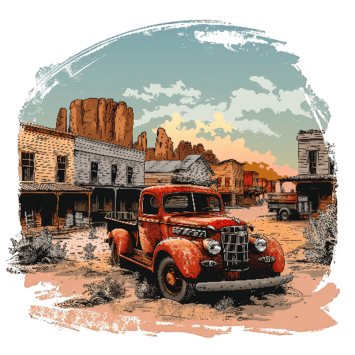 Retro Red Truck in a Western Town with Wooden Buildings