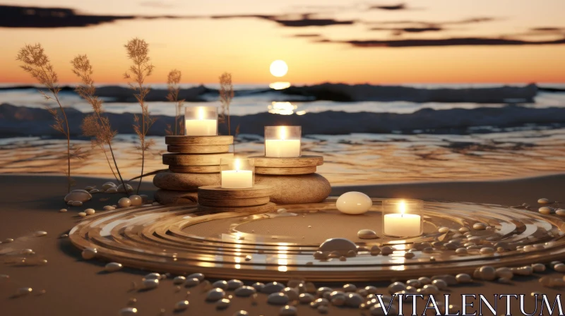 Romantic Beach Scene at Sunset with Candles and Sculptures AI Image