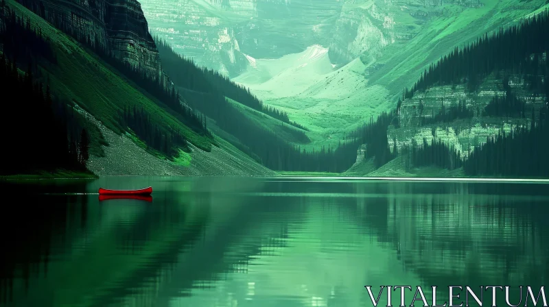 Serene Lake with Red Canoe Surrounded by Mountains and Trees AI Image