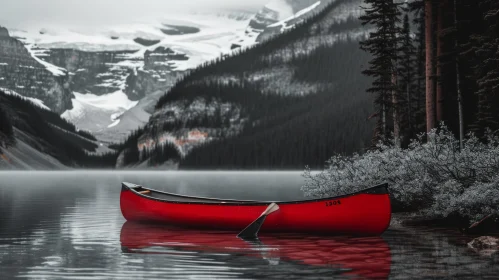 Tranquil Beauty: Red Canoe on a Serene Lake in the Mountains