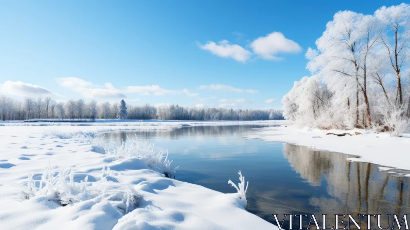 Winter Wonderland: Snow-Covered Trees and Tranquil River Landscape AI Image
