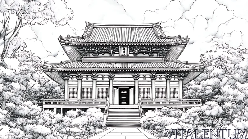 Monochrome Japanese Temple Drawing AI Image