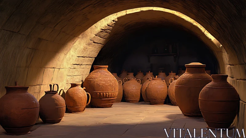 Terracotta Pots in Stone Cellar AI Image