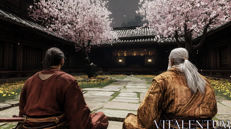 Contemplation at Temple with Blooming Cherry Trees AI Image