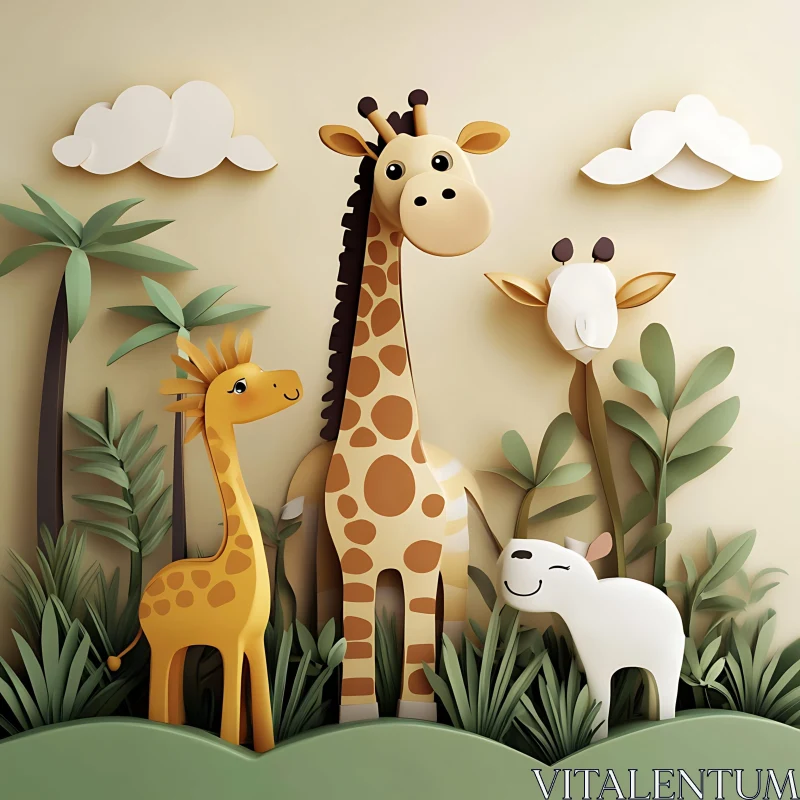 Playful Giraffes and Sheep Cartoon Art AI Image