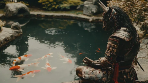 Armored Figure Meditating with Koi Fish