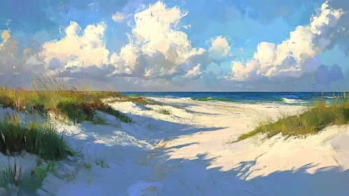 Calm Beach Painting with Grass and Clouds