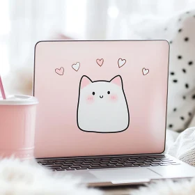 Adorable Pink Laptop with Cartoon Cat