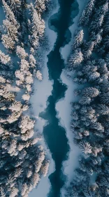 Winter Wonderland: Aerial View of Snowy Forest and River