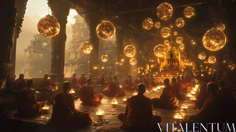 Monks Meditating in Candlelit Temple AI Image