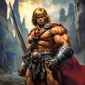 Fantasy Warrior with Sword in Ruined City